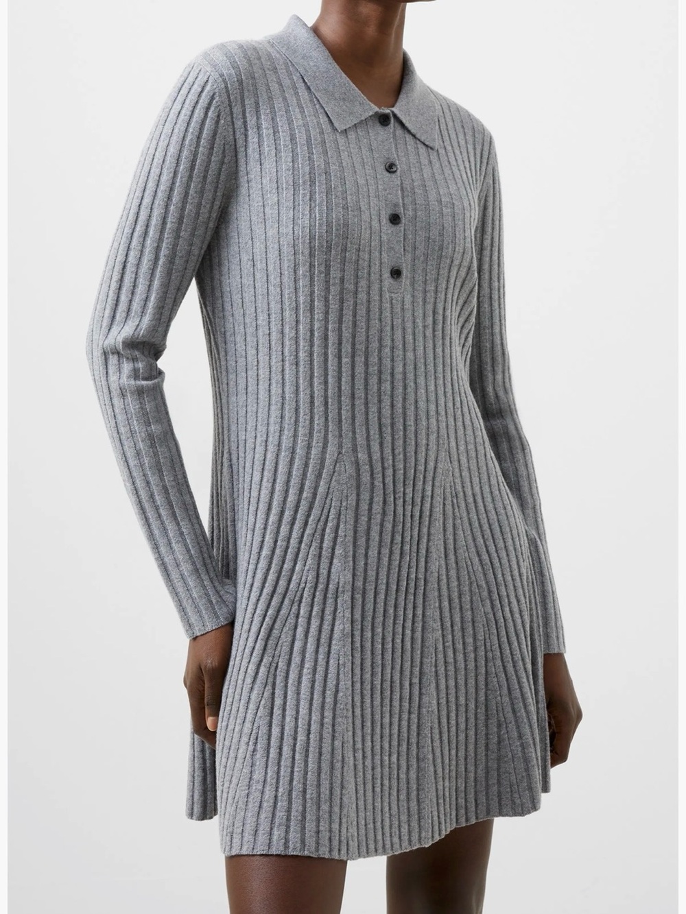 French Connection Gray Ribbed Polo-Collar Long Sleeve Dress